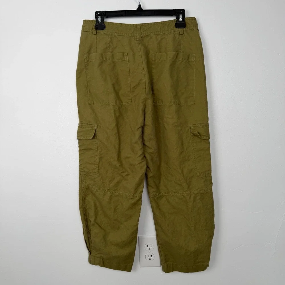 Quince Women Army Green Cotton Linen Twill Cargo Pants M High Rise Utility